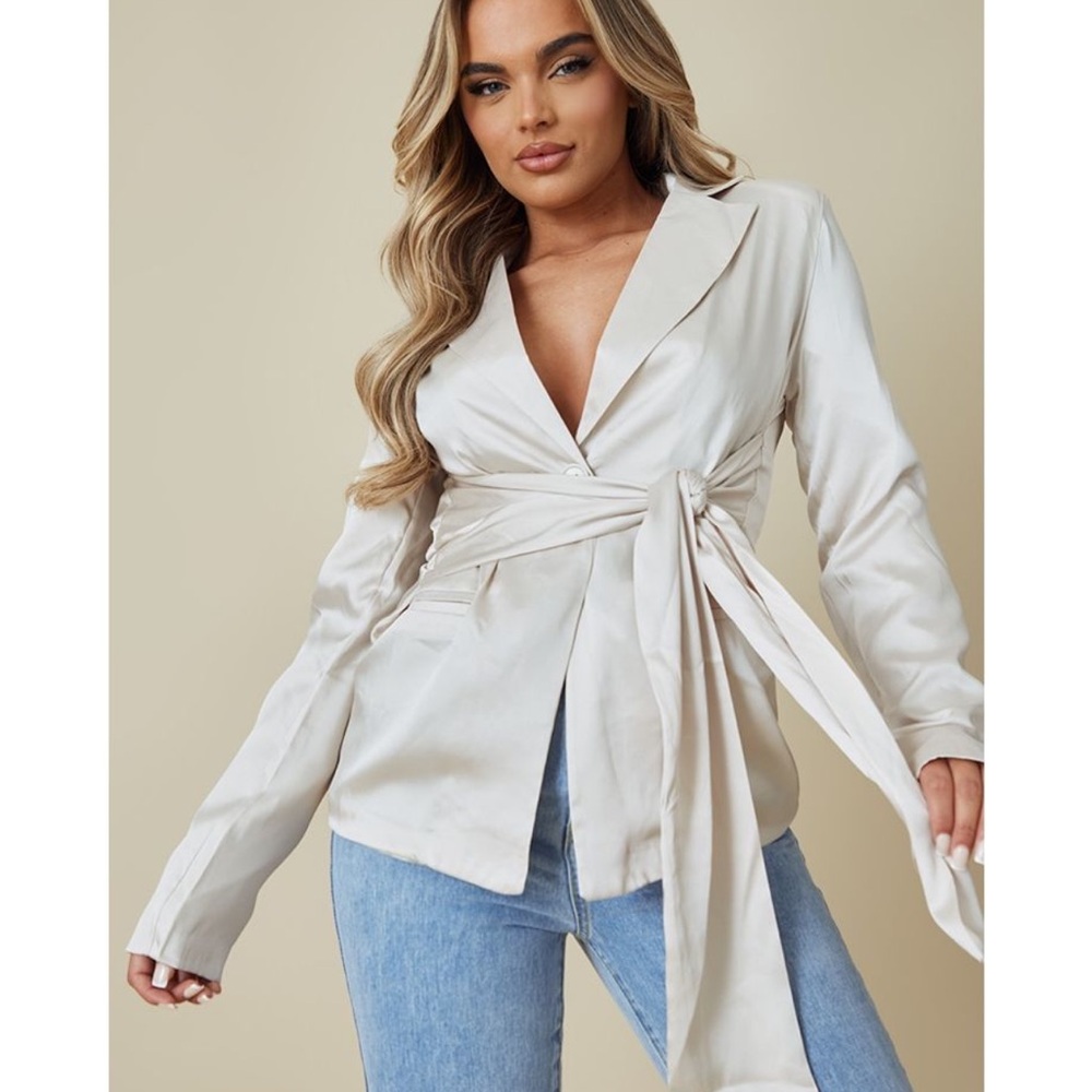 PrettlyLittleThing Satin Wrap Tie Blazer